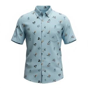 NWOT Disney Parks Mickey and Friends Light Blue Button Shirt AOP Donald Goofy M
